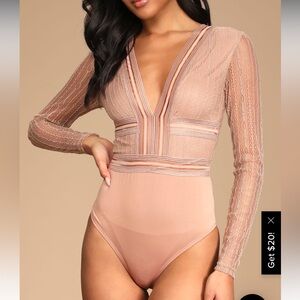 Lulus Casita Beige Sheer Lace Long Sleeve Bodysuit- Sz xs